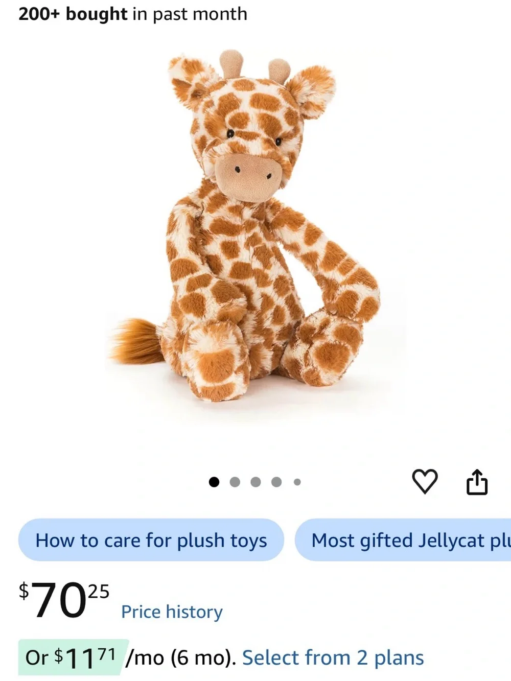 Jellycat Bashful Giraffe Plush Toy 12”